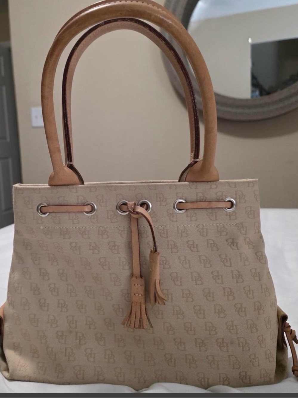 Dooney & Bourke vintage Beige Monogram Shoulder Bag with Tan Leather Trim